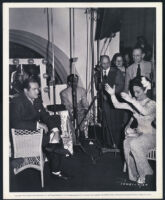 Dorothy Lamour, Bob Hope, and production crew members on the set of Road to Rio