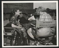 Brian Donlevy, Virginia Grey, and script supervisor Dorothy Wilson practice lines for Slaughter Trail