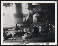 Cast members and extras in the library burning scene from Storm Center