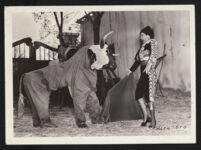 Martha Raye rehearsing a bullfighting scene on the set of Tropic Holiday