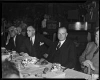 President Herbert Hoover and Kiwanis President Charles E. Arnn at a fundraiser for the Community Chest organization, Los Angeles, 1934