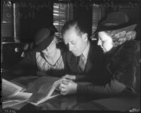 Hazel Belford Glab, accused of forging her fiance's will, with her attorney S.S. Hahn and friend/co-conspirator Clara Steeger, Los Angeles, 1935
