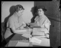 Elderly woman completes application for a pension under the Old Age Security Act, Los Angeles, 1935