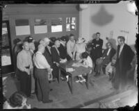 Elderly persons wait in line for pension application under the Old Age Security Act, Los Angeles, 1935