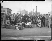 Football team from University of Mexico arrives for a game at the Coliseum, Los Angeles, 1935