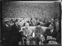 President Franklin D. Roosevelt, Eleanor Roosevelt, and Mayor Frank L. Shaw ride in a motorcade, Los Angeles, 1935