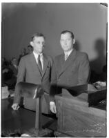Charles H. Hope in court with public defender William H. Sanson for his joint murder trial with Robert S. James, Los Angeles, 1936