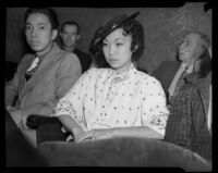 Hal and Myrtle Takaoka, siblings of slain dancer, at a preliminary hearing for their sisters' murder, Los Angeles, 1936