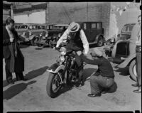 Judge Irvin Taplin on a motorcycle, Los Angeles, 1936