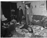Detectives Joe Filkas and Edward Romero examining the body of Martha Neve, Los Angeles, 1937