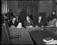 Court Clerk E.C. Averre and deputy District Attorneys Edwin Meyers, A.A. Van Cott and John Barnes, Los Angeles, 1937