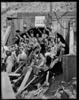 Metropolitan Water District workmen celebrate the completion of a water tunnel to supply Los Angeles with Colorado River water, Pasadena, 1937