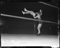 Female wrestlers Clara Mortensen and Mrs. Dick Rutherford squaring off in the ring, Los Angeles, 1937