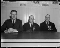 Sportswriters Chuck Egan, Abe Kemp and Moody Karper at Santa Anita Racetrack, Arcadia, 1930s