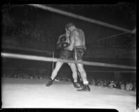 Boxers "Young Stuhley" Stuhlsatz and Gus Lesnevich spar in downtown Los Angeles.  June 22, 1937.