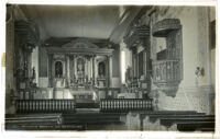 Mission San Buenaventura, interior of church showing pulpit and altar, Ventura, ca. 1888