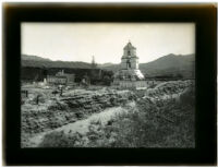 San Antonio de Pala Asistencia, view towards cemetery, bell cote and chapel, Pala, circa 1900