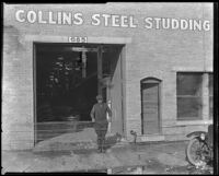 Exterior view of the business location of Collins Steel Studding, circa 1920-1930