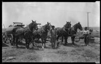 Four horses harnessed to carts, plow, and two farm workers