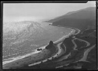 View from coastal cliff towards Castle Rock on the shore, Topanga, circa 1920-1930