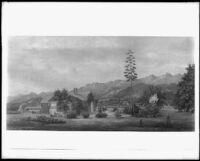 Painting of a vine-covered cabin or cottage in an open valley (unidentified), California