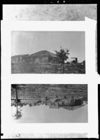 Unidentified brick (adobe?) building and wooden building (house?), California