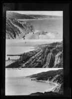 Two views of the shoreline along the Santa Monica Bay and one view of the cliffs along the Palisades Park and shoreline in Santa Monica, Santa Monica Bay, circa 1915-1925