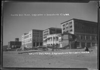 View towards three beach clubs: the Breakers, Edgewater and Casa Del Mar, Santa Monica, circa 1926-1927