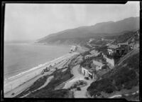 View facing west towards the Castillo del Mar under construction on the Pacific Palisades coast, Los Angeles, circa 1927