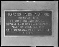 Placard sign for the Rancho La Brea Adobe, circa 1935