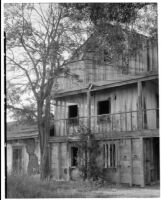 Rancho Los Cerritos, view of decaying house and balcony, Long Beach, 1930