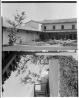 Rancho Los Cerritos, 2 views of restored house, courtyard, and gate, Long Beach, 1931