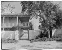 Rancho Los Cerritos, view of restored house, wall, and walkway from forecourt, Long Beach, 1931