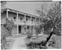Rancho Los Cerritos, side view from south towards restored house and balcony, Long Beach, 1931