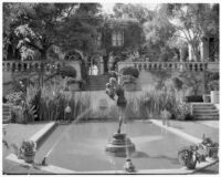 John Percival Jefferson residence, view towards house from reflection pool with statue of a bacchante by MacMonnies, Montecito, 1931