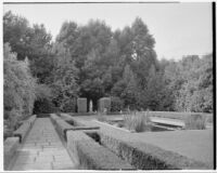 John Percival Jefferson residence, pond framed by clipped hedges and walkway, Montecito, 1931