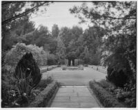 John Percival Jefferson residence, pond framed by clipped lawn and clipped hedges, Montecito, 1931