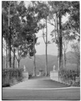 George Owen Knapp residence, stairs ascending to fountain framed by eucalyptus trees with mountains in background, Montecito, 1931