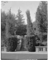 Harvey Mudd Residence, stone stairway surrounded by trees and bushes, Beverly Hills, 1933