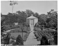 Dr. and Mrs. P. G. White residence, view towards parterre beds and lathhouse in cutting garden, Los Angeles, 1934