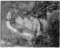 Edward Charles Harwood residence, pool with fish and peacock ornaments, San Marino, 1932