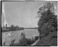 River bend, view from a grassy hill on the river's edge, Europe, 1929
