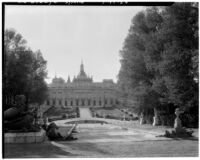 Royal Palace of La Granja de San Ildefonso, view of stairs leading down toward the main palace building, San Ildefonso, Spain, 1929