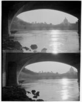 Vatican City skyline, including St. Peter's Basilica and Ponte Sant'Angelo, view from under the Ponte Umberto I, Rome, Italy, 1929