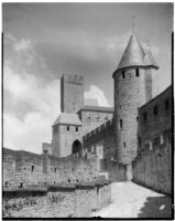 Ramparts and towers in the fortified town of Carcassonne, France, 1929