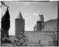 Exterior view of the ramparts around the fortified town of Carcassonne, France, 1929