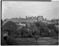 Distant view of the fortified town of Carcassonne, France, 1929