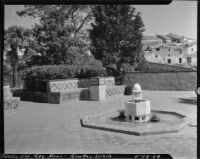 Gardens at Casa del Rey Moro, view of fountain and benches, Ronda, Spain, 1929