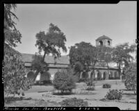 Mission San Juan Bautista, external view of the arcaded walkway and bell tower, San Juan Bautista, 1932