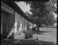 Mission San Juan Bautista, external view of the arcaded walkway and bell tower, San Juan Bautista, 1932